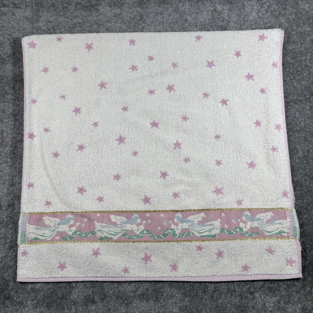2 - Francies Bath Towels Fieldcrest Mills Pink White Angels‎ Trumpets Stars